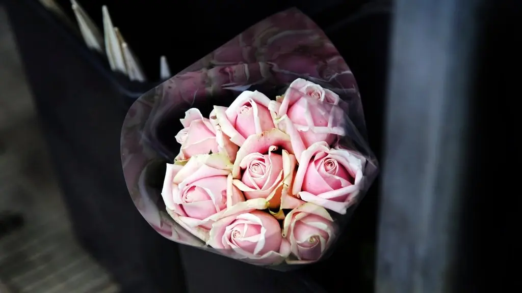 ช่อกุหลาบสีชมพูอ่อนห่อกระดาษสีเข้ม ฉากหลังมืด